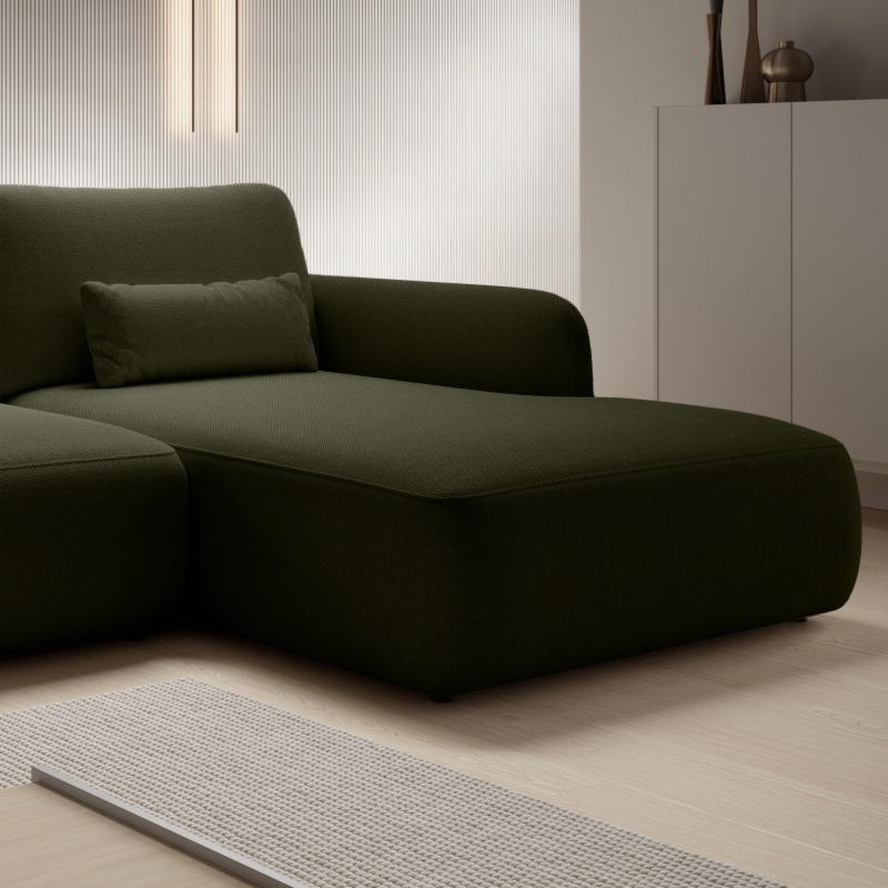 Narożnik rozkładany Mossa z pojemnikiem, prawostronny, ciemnozielony, obłe kształty