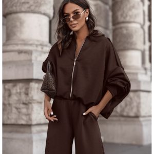 Masełkowy dres z szerokimi spodniami SORGO - czekoladowy