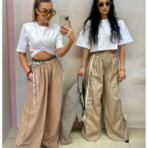 Szerokie spodnie z lampasami DANTE - beżowe