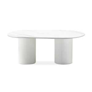 Stolik kawowy Apulia 120 cm, owalny, lamele, efekt białego marmuru, spiek