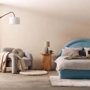 Łóżko Redondo 140x200 cm ze stelażem i pojemnikiem, niebieskie, boucle