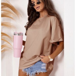 Bawełniany t-shirt oversize z poduszkami VEA - cappuccino