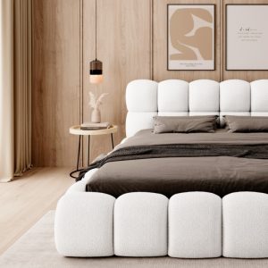 Łóżko tapicerowane Boston 140x200 cm ze stelażem i pojemnikiem, białe, boucle