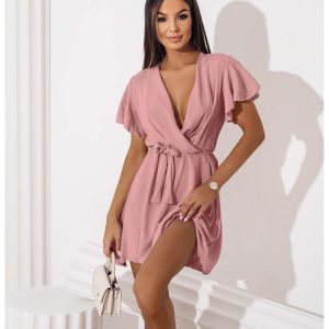 Zwiewna sukienka z kopertowym dekoltem ALICJA - brudny róż