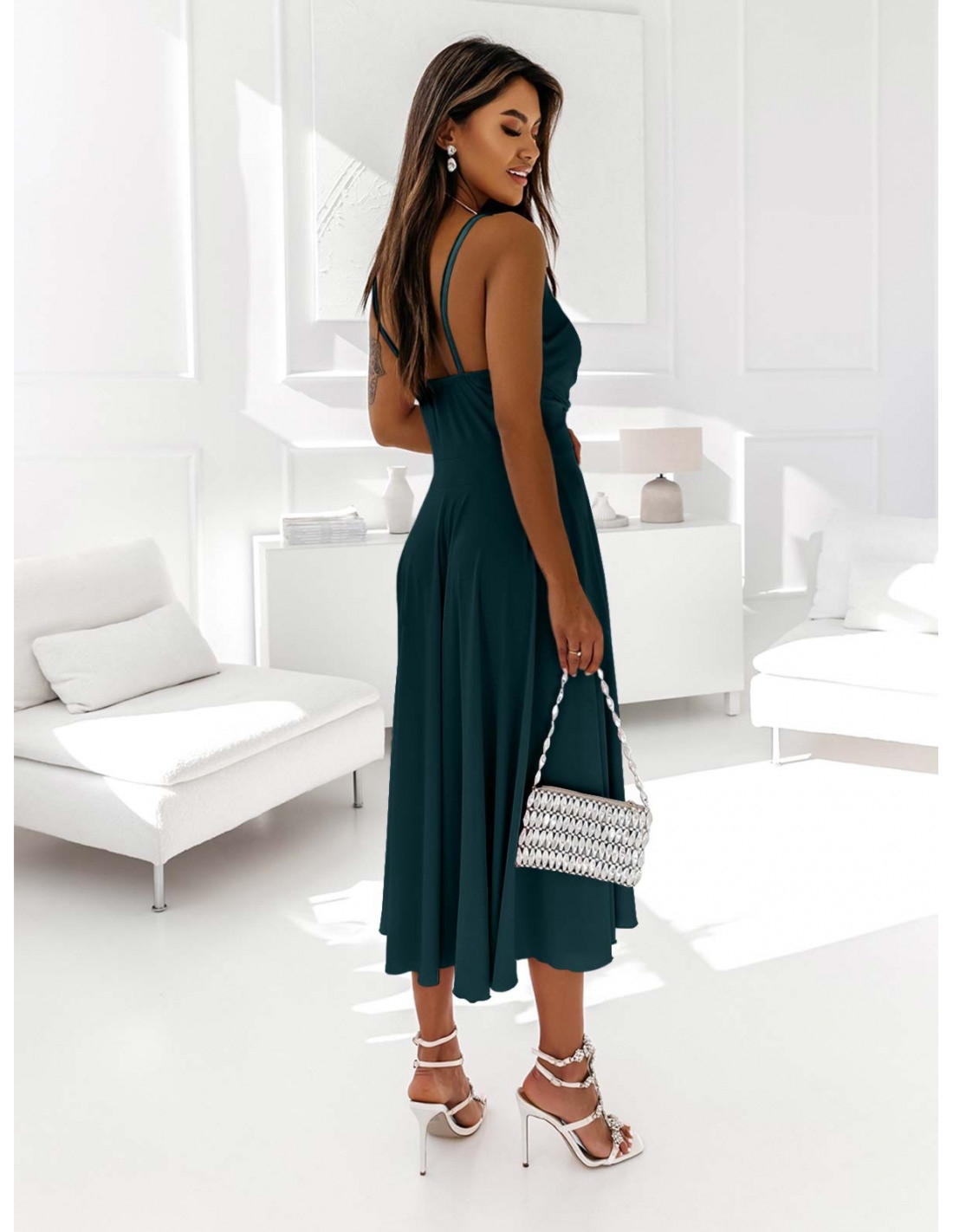 Sukienka midi na ramiączkach AGNES - butelkowa zieleń