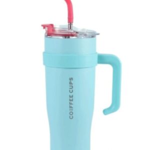 Kubek termiczny z uchwytem i słomką - turkusowy