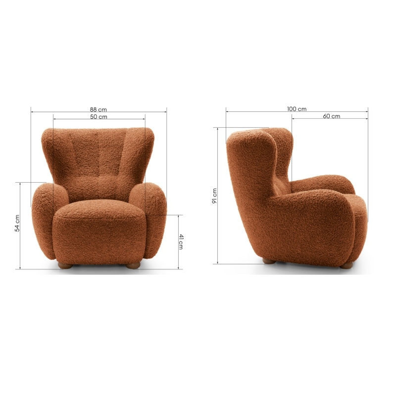 Fotel Ciro miedziany/dąb, boucle, obłe kształty