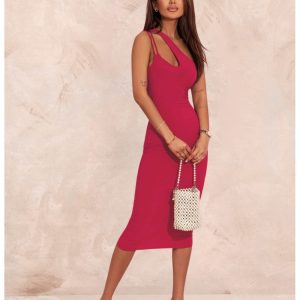 Elegancka midi sukienka na jedno ramię CAPRI - fuksjowa