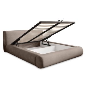Łóżko tapicerowane Amaya 140x200 cm ze stelażem i pojemnikiem, brązowoszare, welurowe