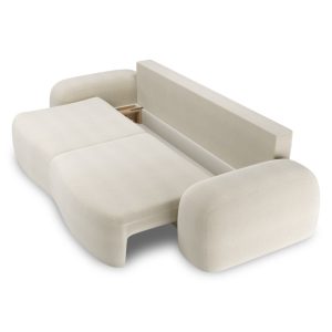 Sofa rozkładana Linea jasnobeżowa z pojemnikiem, obłe kształty