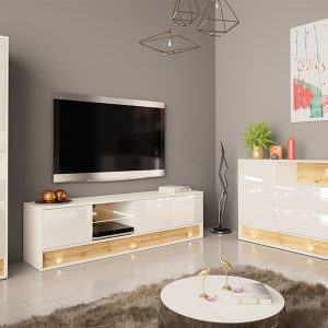 Szafka RTV biała / dąb wotan mat / połysk 180 cm Image