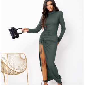 Sukienka maxi z marszczeniem z wiskozy IDRIL - khaki