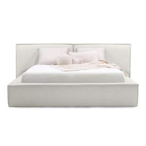 Łóżko tapicerowane Cosy 160x200 cm z metalowym stelażem i pojemnikiem, jasnobeżowe, welurowe