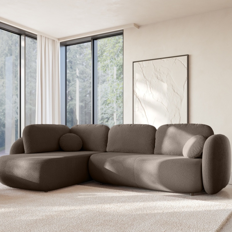 Narożnik rozkładany Olio ll z pojemnikiem, lewostronny, brązowy, obłe kształty