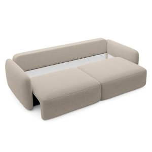 Sofa rozkładana Botse Lux z pojemnikiem, obłe kształty, jasnobeżowa, boucle