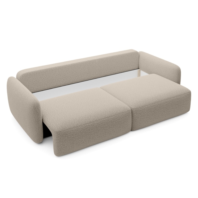 Sofa rozkładana Botse Lux z pojemnikiem, obłe kształty, jasnobeżowa, boucle