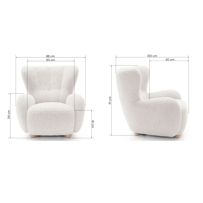 Fotel Ciro biały/buk, boucle, obłe kształty
