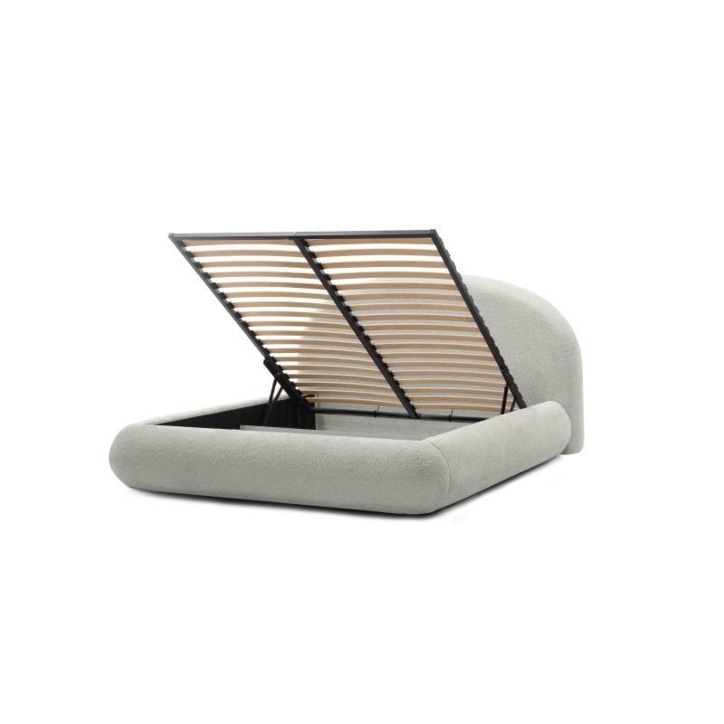 Łóżko tapicerowane Asillo 140x200 cm ze stelażem i pojemnikiem, beżowoszare obłe kształty