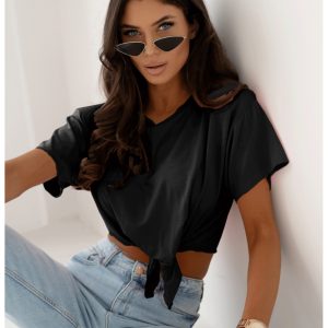 Wiązany top z wiskozy TOLA - czarny