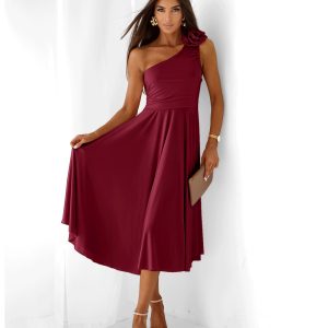 Sukienka midi na jedno ramię AMIREA - bordowa