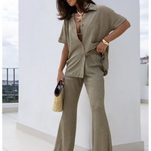 Dzianinowy komplet koszula i spodnie DIAZ - khaki