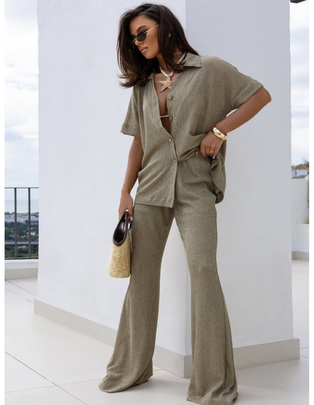 Dzianinowy komplet koszula i spodnie DIAZ - khaki