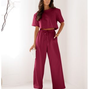 Bawełniany komplet z szerokimi spodniami NICOL - bordowy