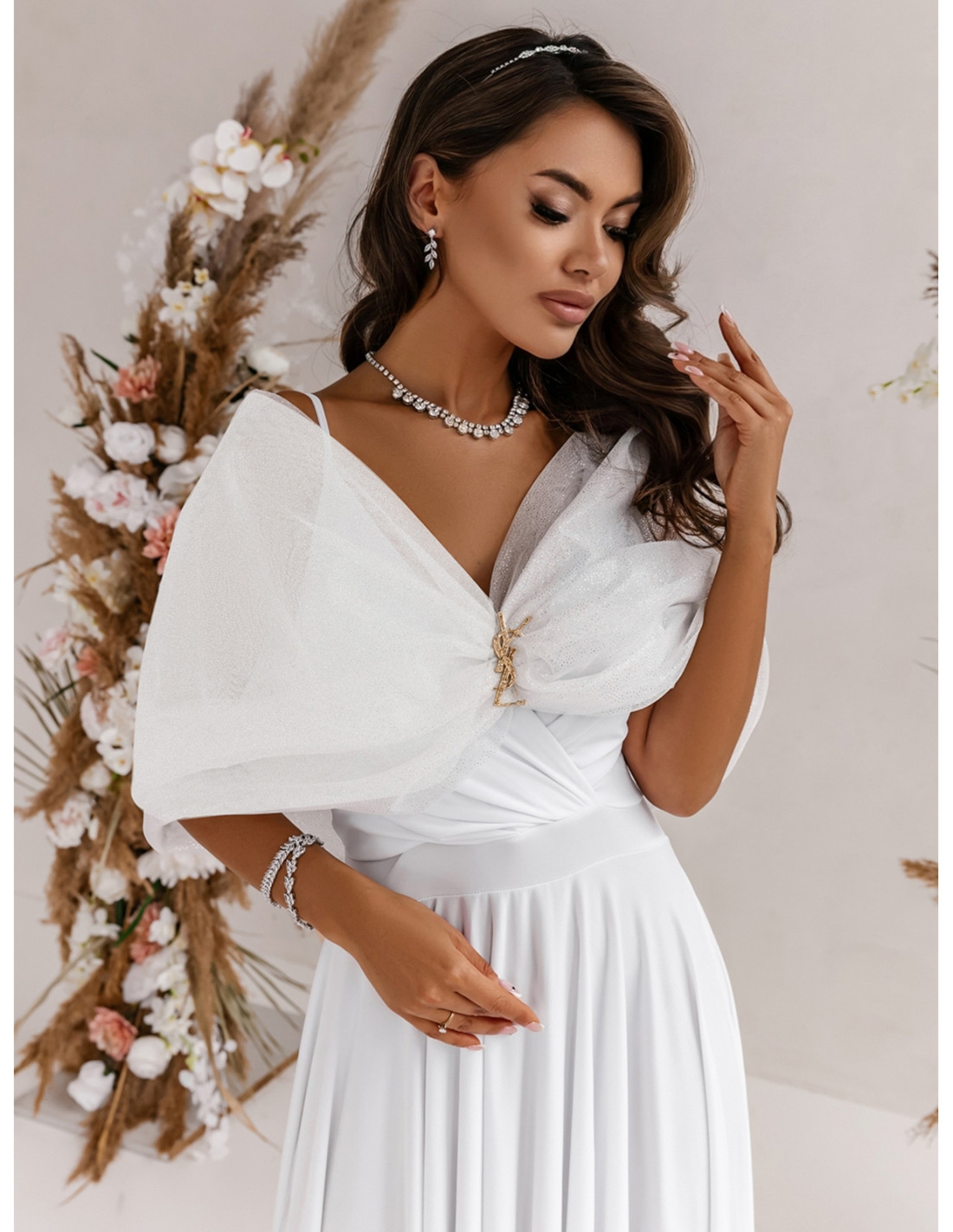 Tiulowa ślubna etola z brokatem ADDA - srebrna