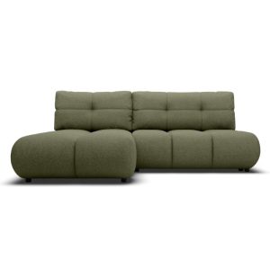 Narożnik rozkładany Milo z pojemnikiem, lewostronny, oliwkowozielony, boucle, obłe kształty