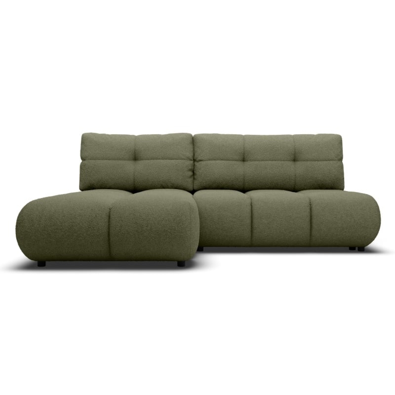 Narożnik rozkładany Milo z pojemnikiem, lewostronny, oliwkowozielony, boucle, obłe kształty