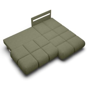 Narożnik rozkładany Milo z pojemnikiem, prawostronny, oliwkowozielony, boucle, obłe kształty