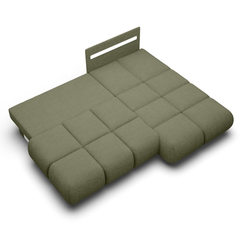 Narożnik rozkładany Milo z pojemnikiem, prawostronny, oliwkowozielony, boucle, obłe kształty