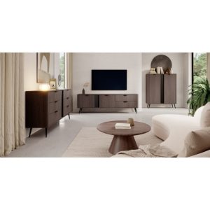 Dwudrzwiowa szafka RTV z szufladami Veris dąb dunin/czarna, ryflowana, zaokrąglona