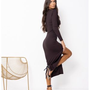 Sukienka maxi z wiskozy z rozporkiem VELUNA - czekoladowa