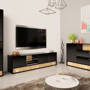 Komoda z szufladami czarna / dąb wotan mat / wysoki połysk 160 cm Image