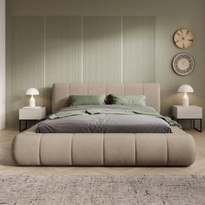 Łóżko tapicerowane Vigo 140x200 cm ze stelażem i pojemnikiem, jasnobrązowe, welurowe