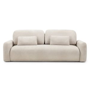 Sofa z funkcją spania i pojemnikiem Hoschi, beżowy melanż, obłe kształty