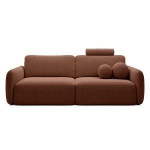 Sofa rozkładana Botse Lux z pojemnikiem, obłe kształty, miedziana, boucle