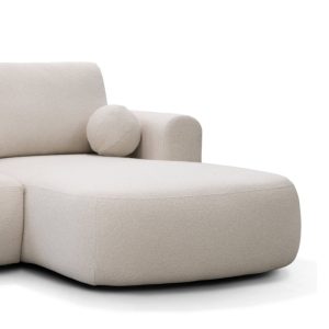 Narożnik z funkcją spania i pojemnikiem Ariola, obłe kształty, jasnobeżowy, boucle, prawy