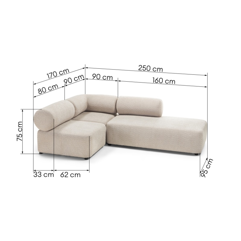 Narożnik modułowy Moso 170 cm, beżowy, prawostronny, zaokrąglony