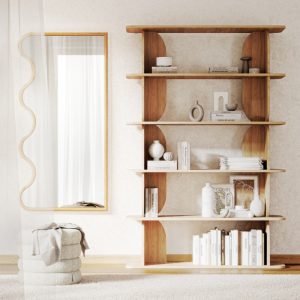 Lustro wiszące w falowanej ramie Noelie, 140x70 cm, prostokątne, drewno paulowni, naturalne