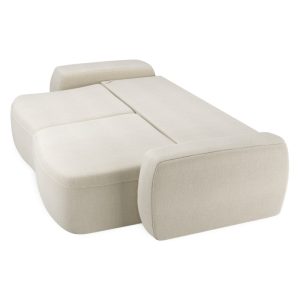 Sofa rozkładana Majestic jasnobeżowa z pojemnikiem i pufami, obłe kształty