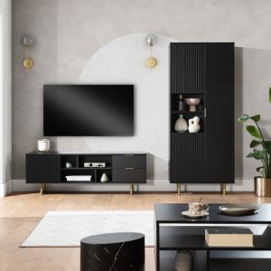 Witryna dwudrzwiowa Nubia, ryflowana, czarna/złote nóżki