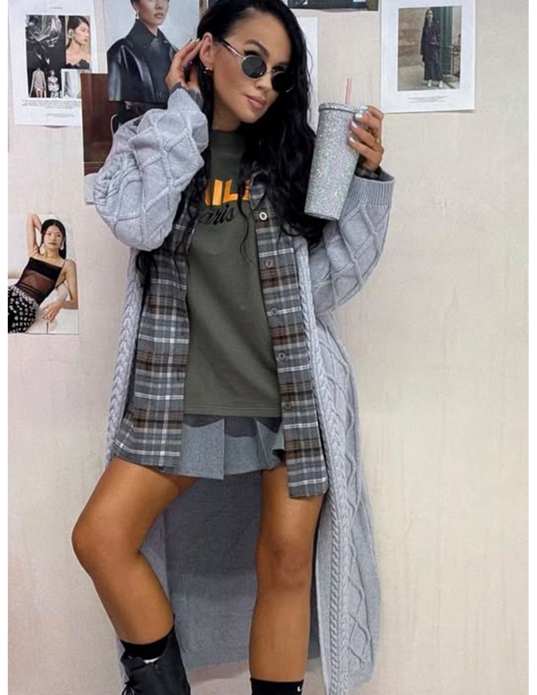 Długi wełniany sweter kardigan z paskiem ANTARA- szary