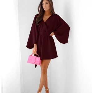 Sukienka mini z przekładanym dekoltem ALIA - bordowa