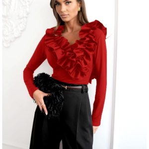 Wiskozowa bluzka z falbanami ORNELLA - czerwona