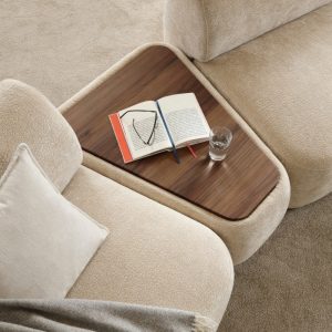 Sofa modułowa Nobo, puf z blatem, zaokrąglona, jasnobeżowa, Orzech Warmia