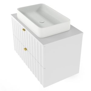 Szafka pod umywalkę z blatem Arcos, 80 cm, ryflowana, złote uchwyty, biała