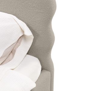 Łóżko tapicerowane 140x200 cm Bolge, ze stelażem i pojemnikiem, brązowoszare, boucle, falowany zagłówek