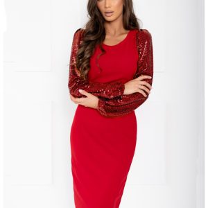 Sukienka midi z cekinowymi rękawami VALORIA - czerwona
